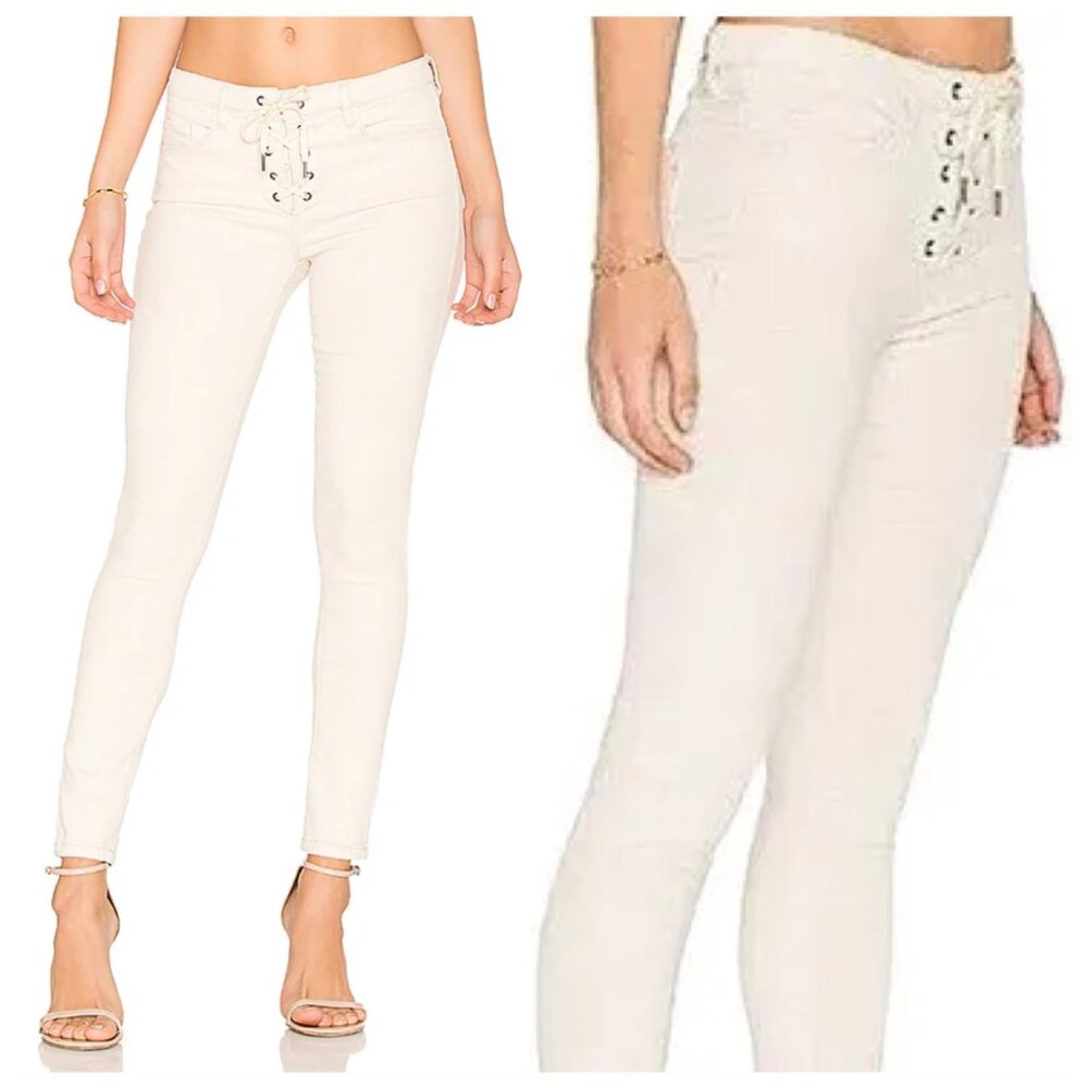 Blank NYC Ivory High-Waisted Lace-Up Skinny Jeans, Size 28